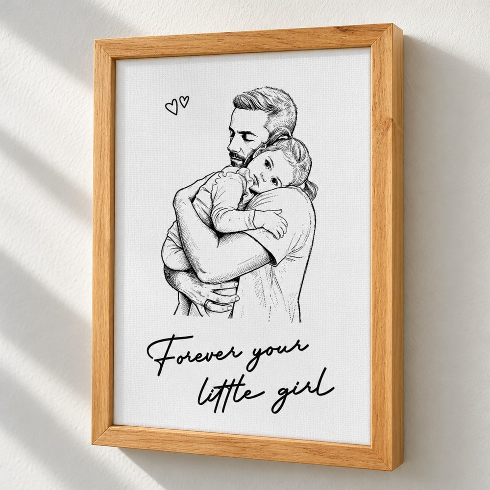 Close-up detail of black line-art sketch and wood frame on personalized Dad canvas print
