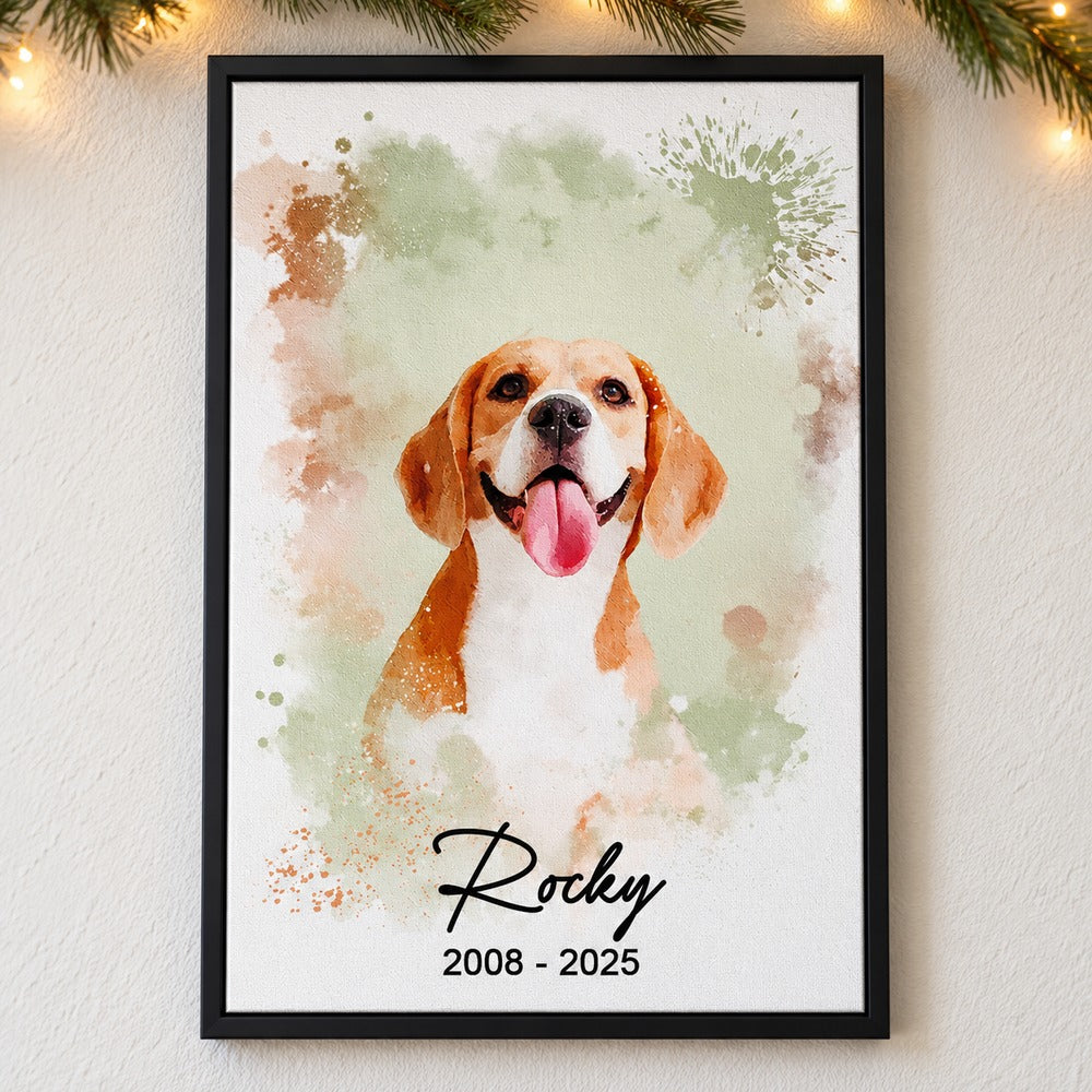 Custom watercolor dog portrait canvas Rocky on wall with holiday garland