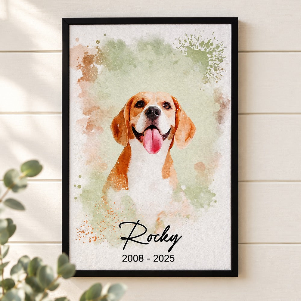 Personalized pet memorial canvas print hanging on cream shiplap wall