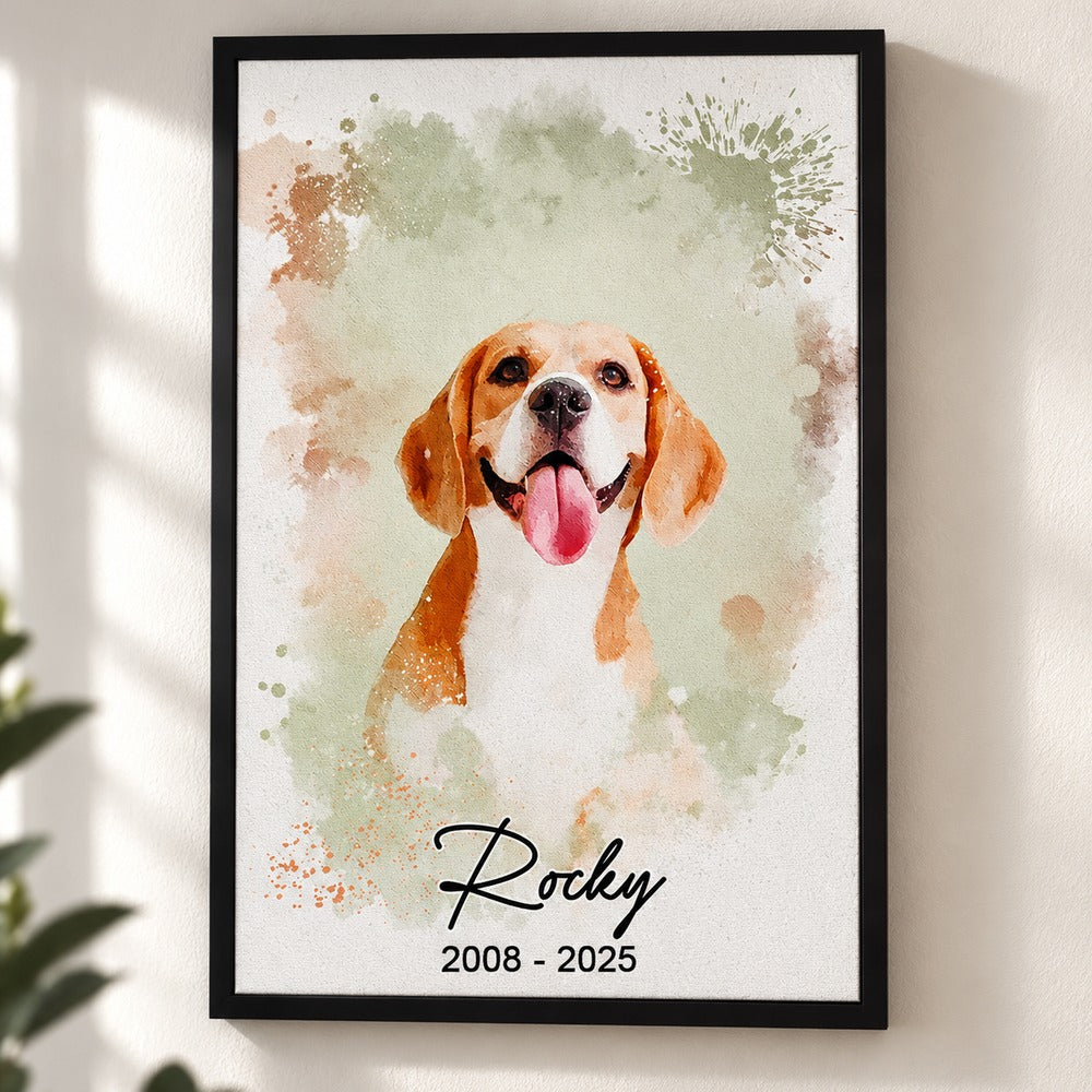 Close up detail of watercolor pet portrait canvas texture and script text