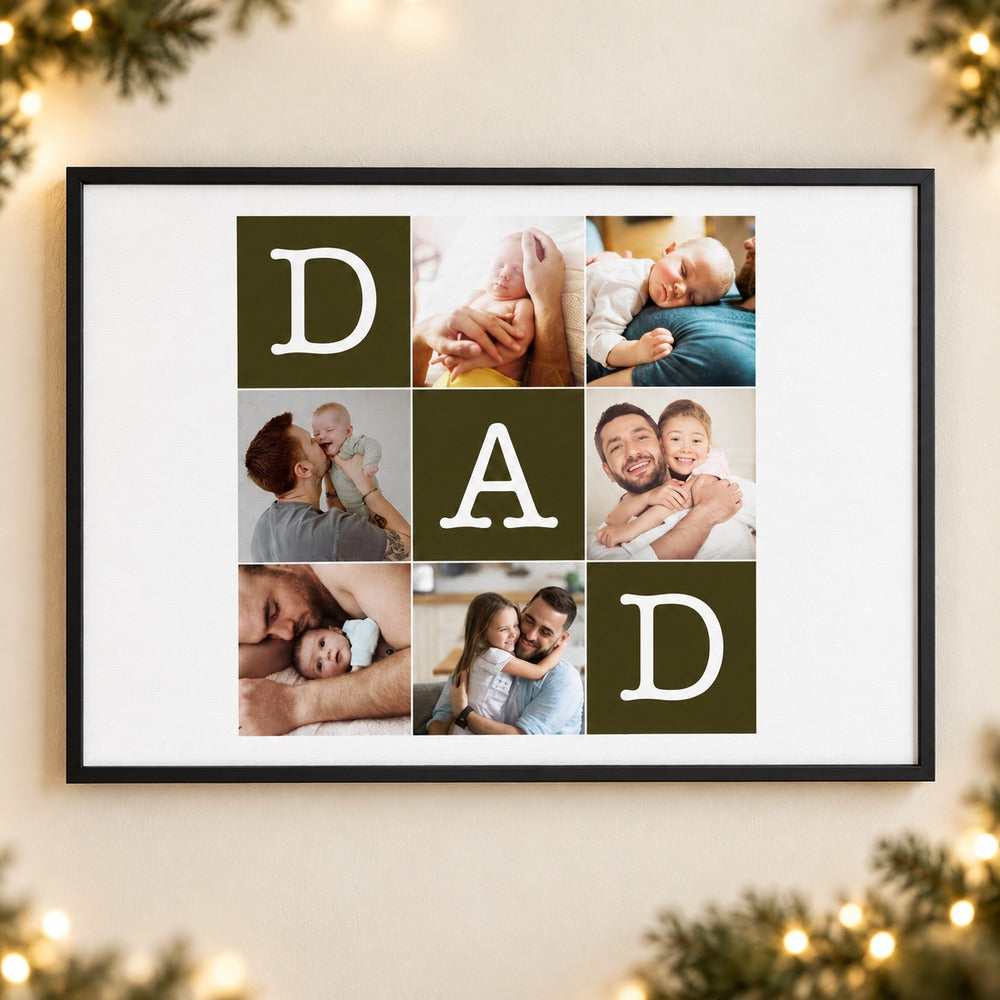 Custom DAD photo collage canvas print hanging on a wall with holiday garland and fairy lights