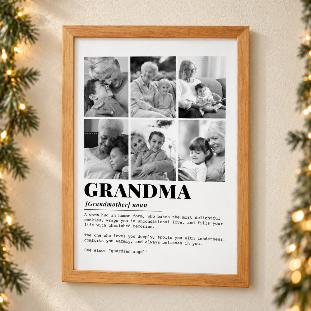 Custom Photo Grandma Definition wood-framed canvas print on wall with holiday garland