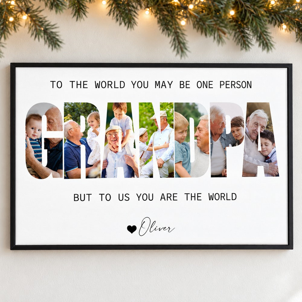Custom Grandpa photo collage canvas hanging on wall with holiday pine garland