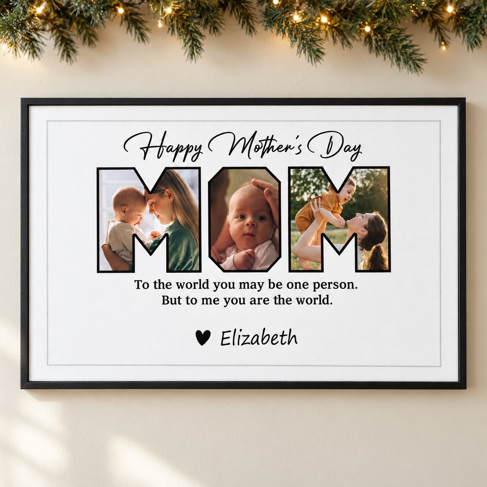 Personalized Happy Mothers Day MOM photo canvas print hanging on a wall with soft holiday garland and lights
