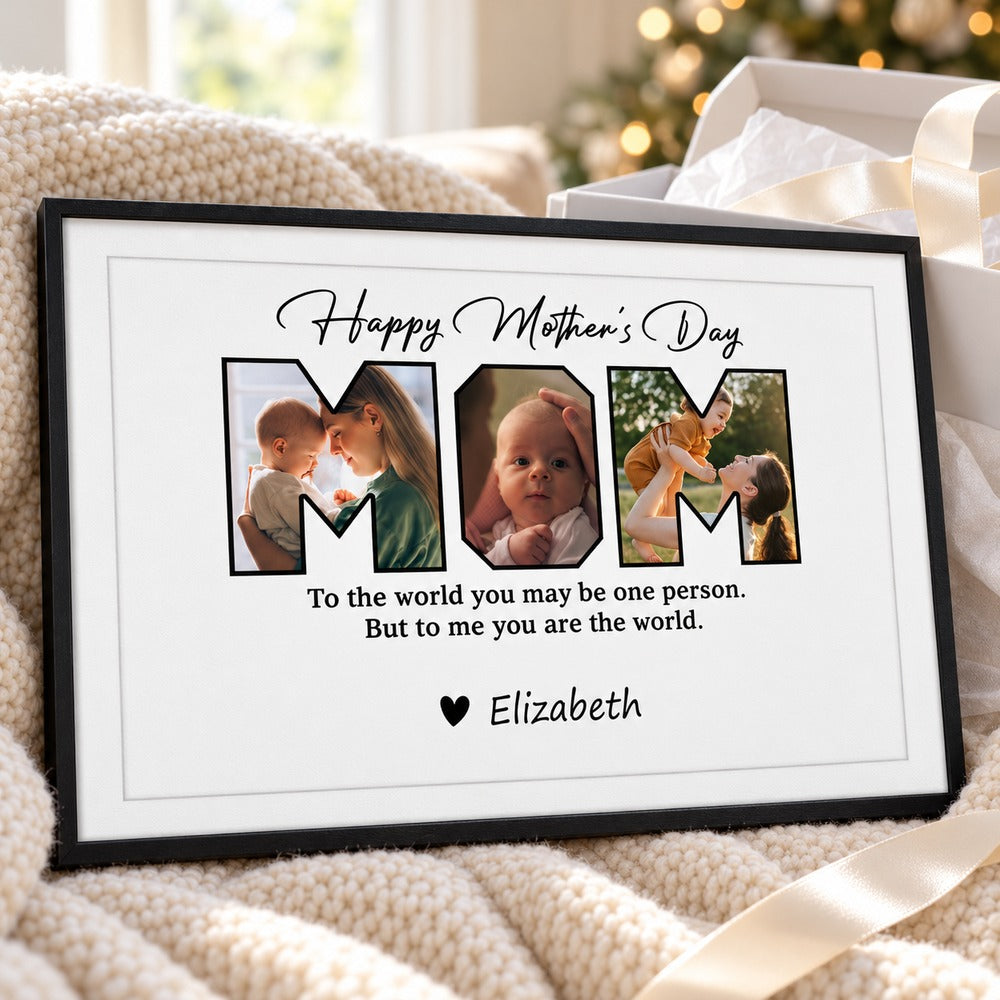 Custom Mothers Day MOM photo canvas print displayed next to a ribboned gift box and tissue paper