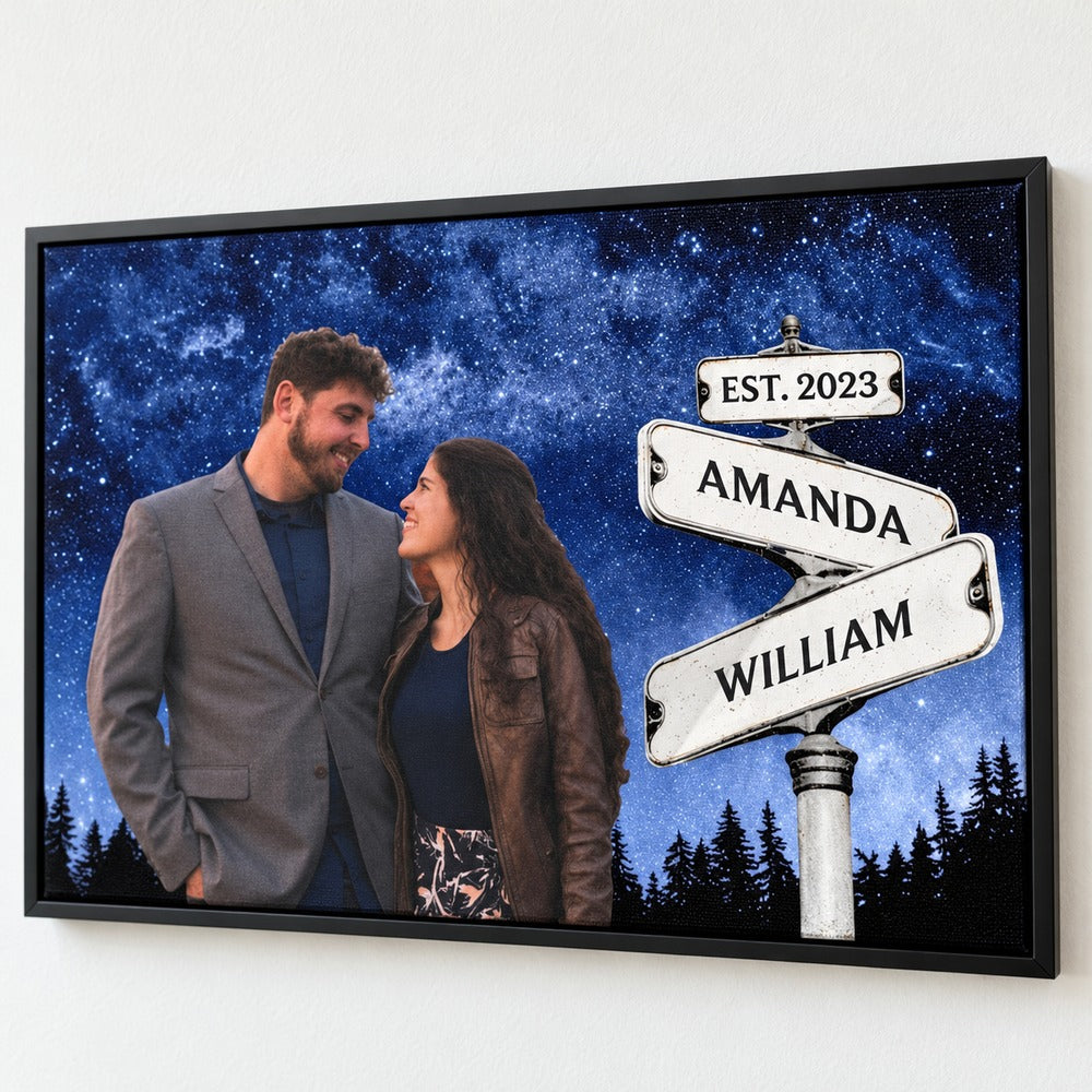 Close-up detail of canvas texture and printed street signs on personalized couple wall art