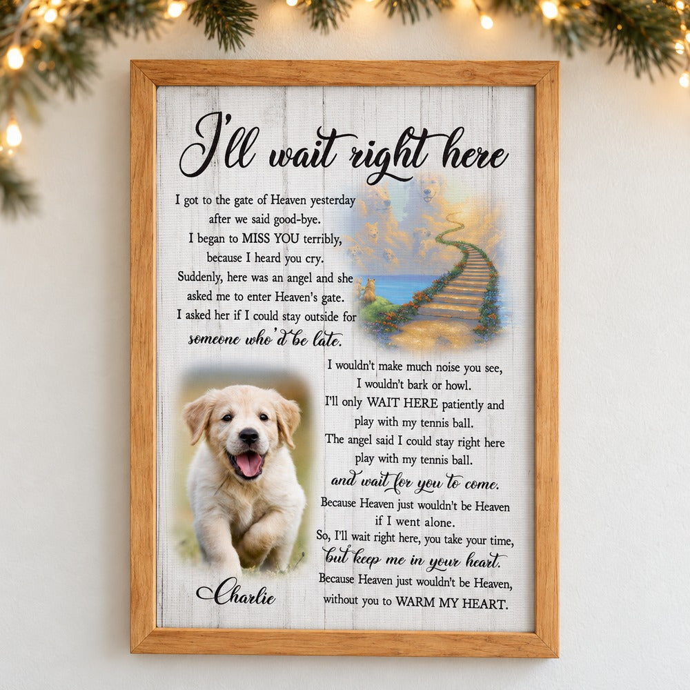 Personalized pet memorial canvas print with puppy Charlie on wall with soft holiday greenery