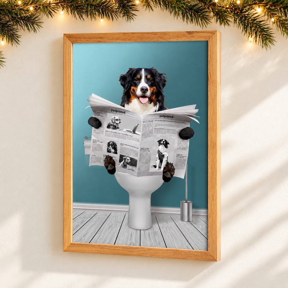 Personalized dog lovers bathroom canvas print on a wall with festive pine garland and lights