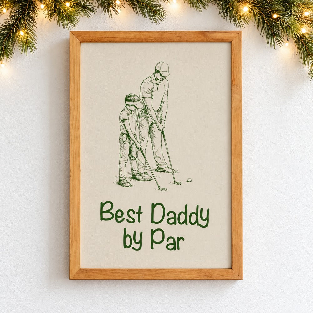 Personalized Best Daddy by Par golf canvas print hanging on wall with holiday garland