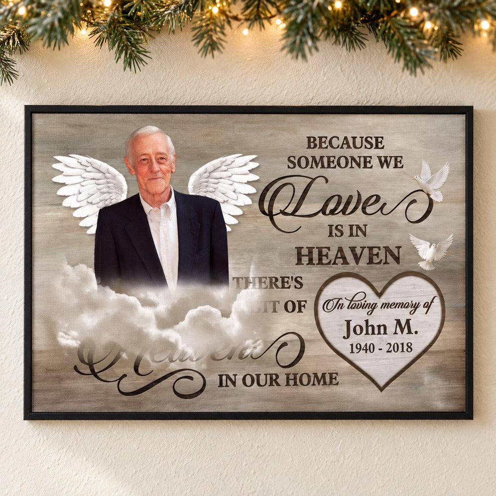 Custom photo memorial canvas print hanging on a wall with soft holiday greenery and fairy lights