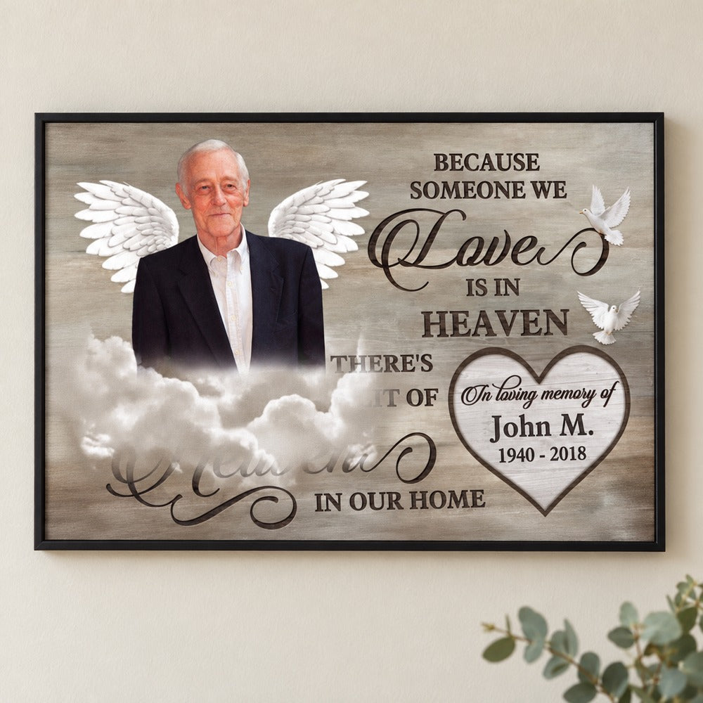 Personalized Love Is In Heaven memorial canvas displayed on a bright neutral wall