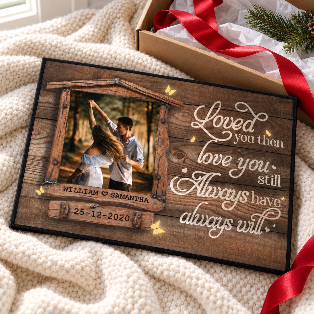 Personalized couple photo canvas print presented with holiday gift box and red ribbon