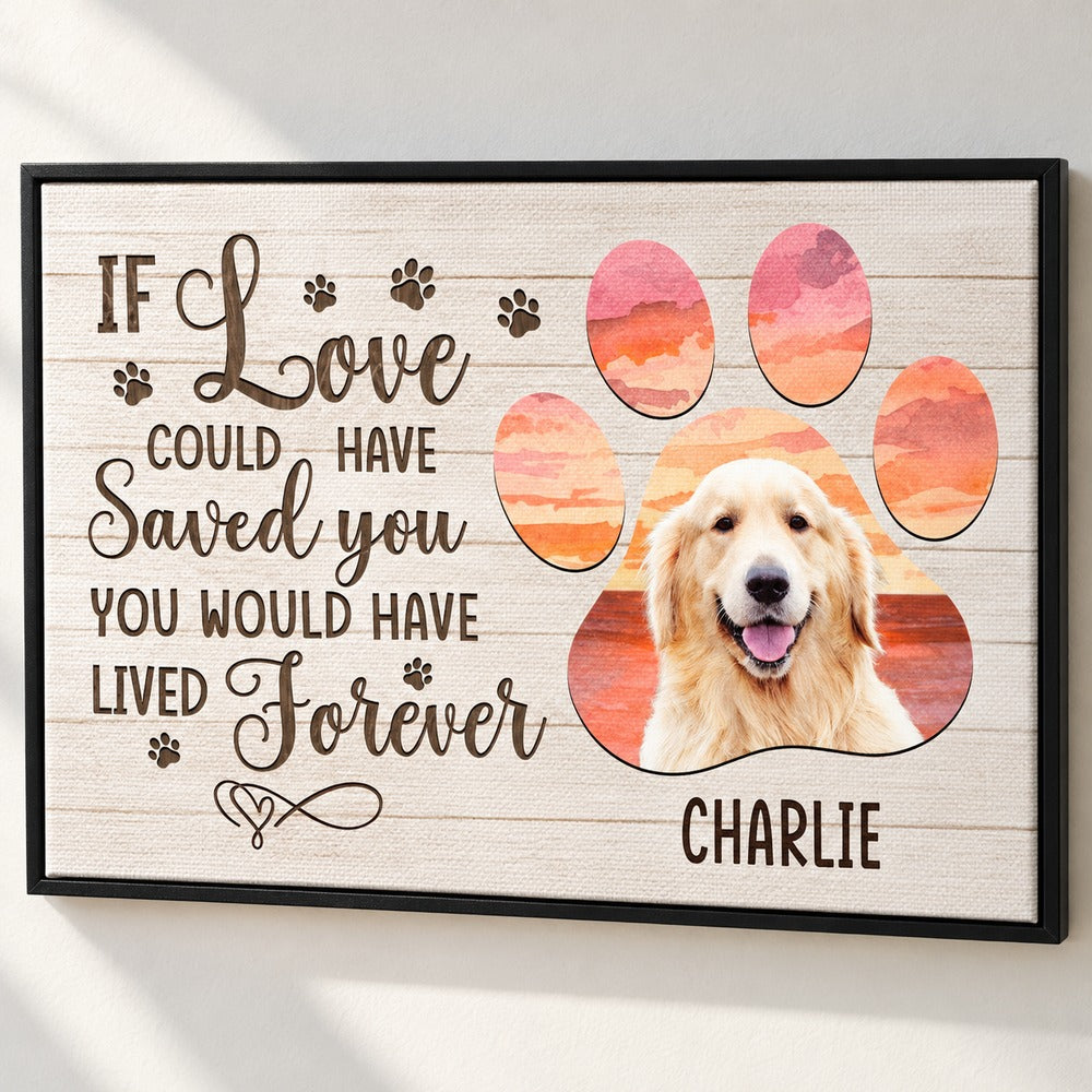Close up detail of textured canvas print showing pet photo paw print and lettering