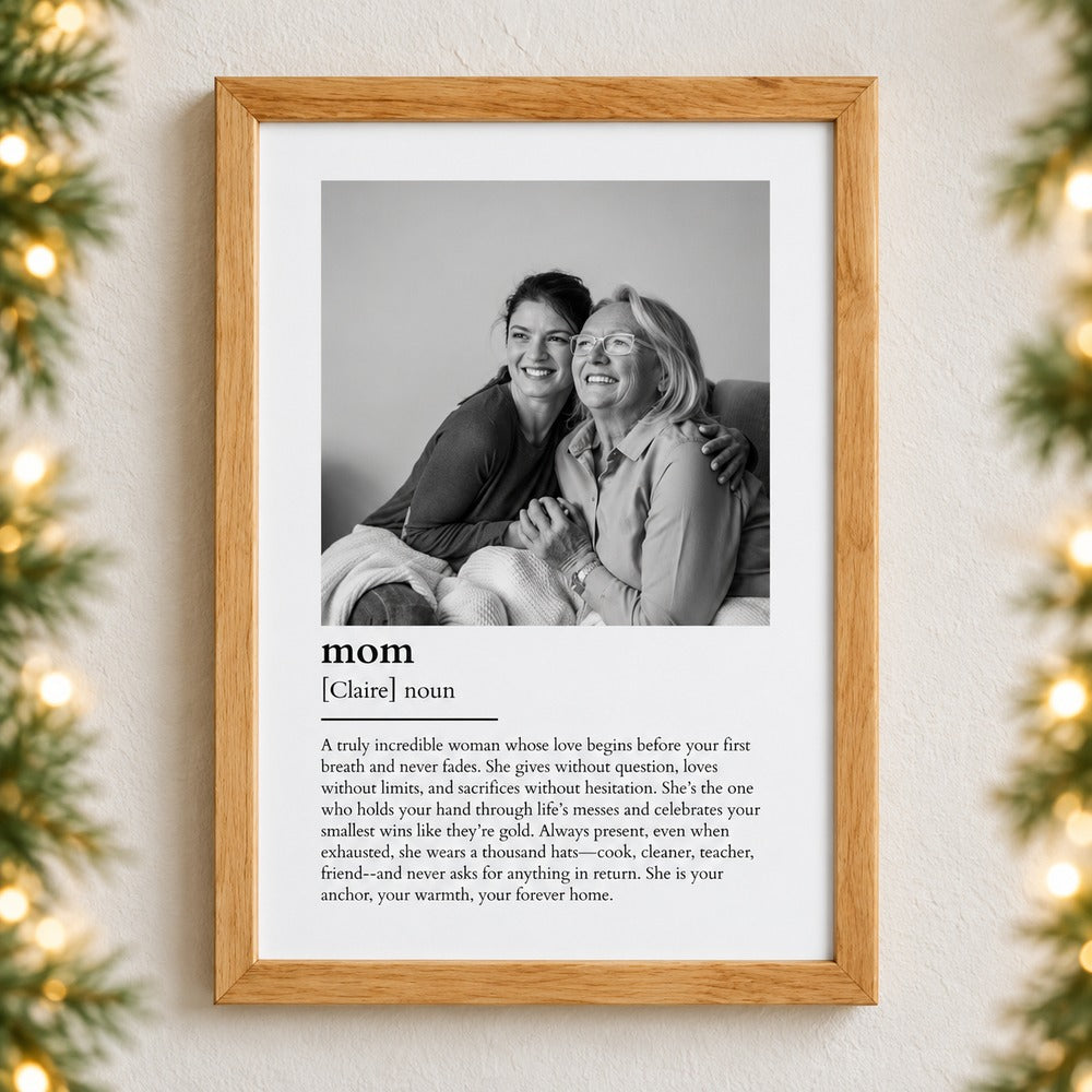 Custom Photo Mom Definition framed print hanging on wall with holiday greenery