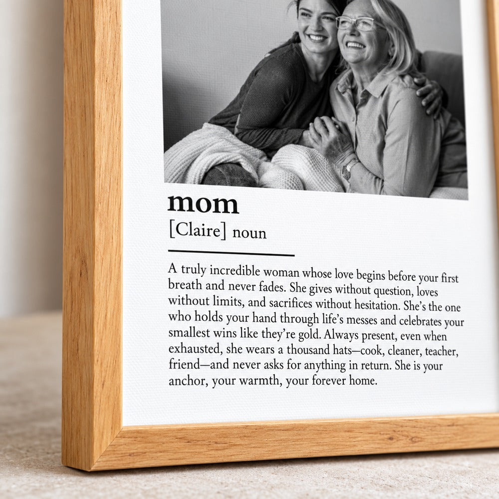 Close-up detail of wood frame and typography on custom Mom definition print