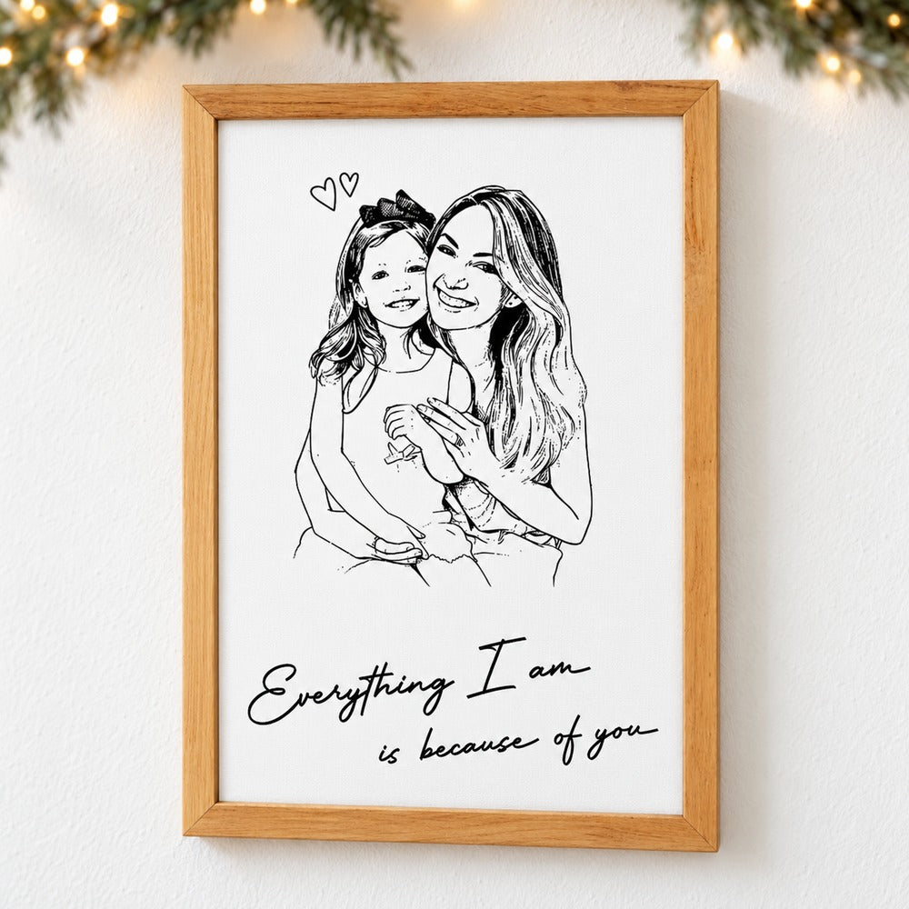 Custom Mom and daughter line art framed canvas hanging on wall with holiday garland