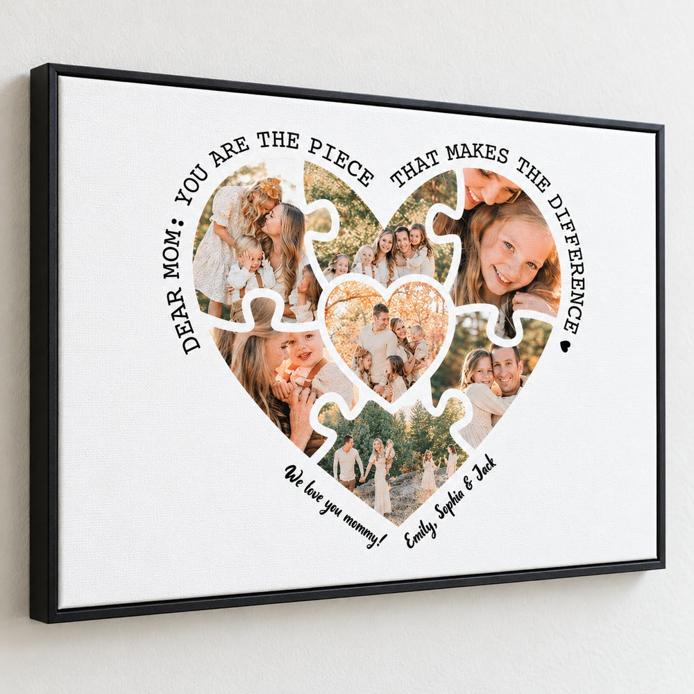 Close-up detail of canvas texture and printed family photos on Mom puzzle heart wall art
