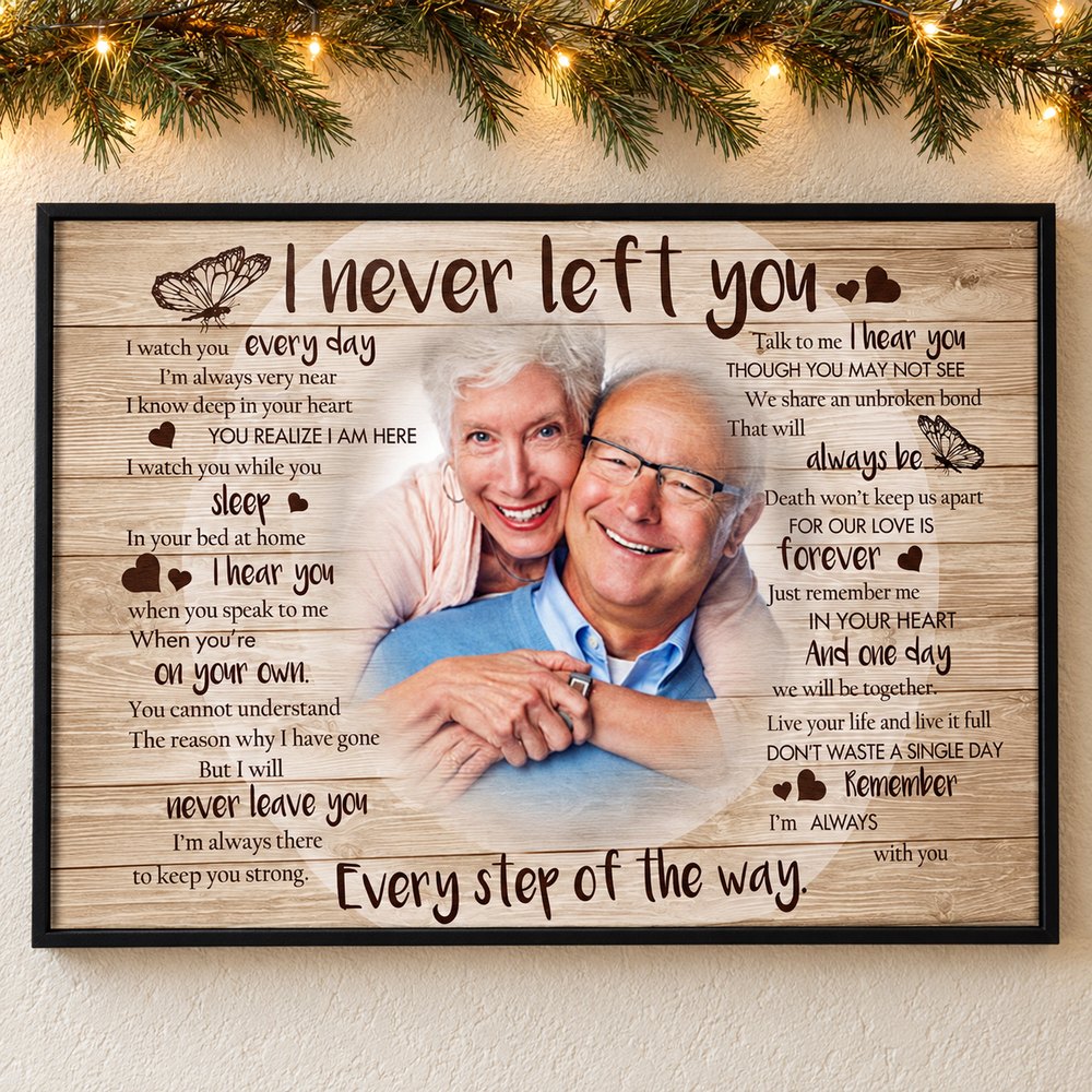 Personalized I Never Left You memorial canvas on wall with holiday garland and lights