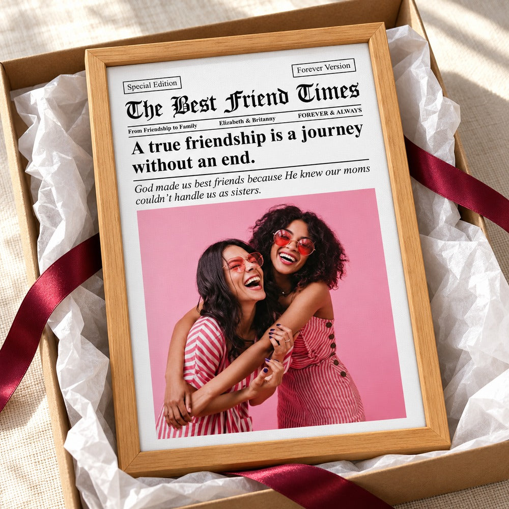 Personalized BFF Times framed canvas print in open gift box with tissue paper and ribbon