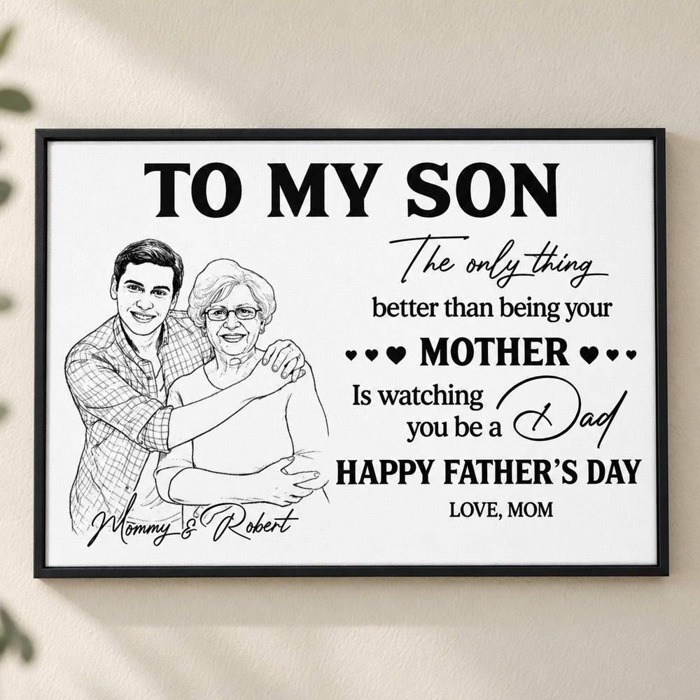 Custom photo pencil sketch To My Son canvas print hanging on a warm beige wall