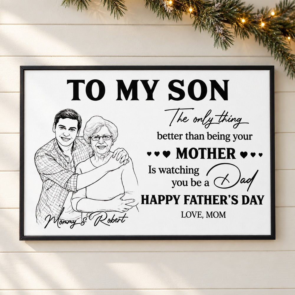 Personalized To My Son Father's Day canvas print on wall with holiday garland and lights