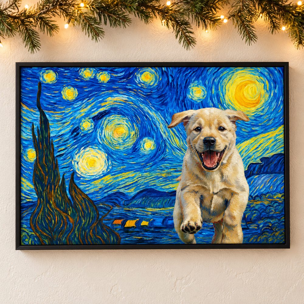 Custom Starry Night dog canvas print hanging on a wall with holiday garland and fairy lights