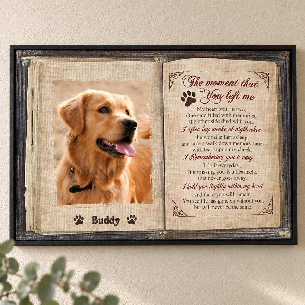 Custom photo dog memorial canvas wall art featuring Buddy displayed on a neutral wall