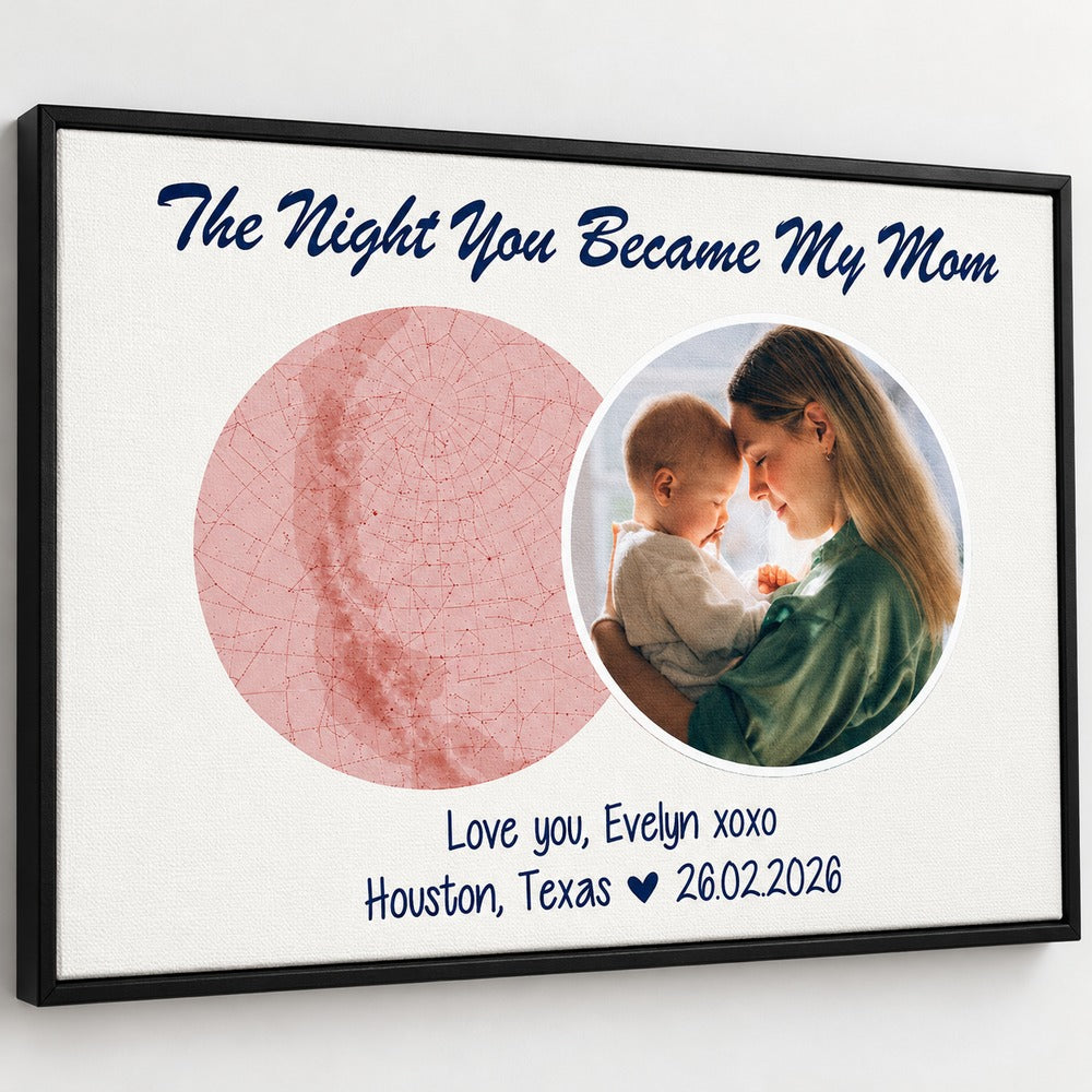Close-up detail of canvas texture and star map print on personalized new mom gift