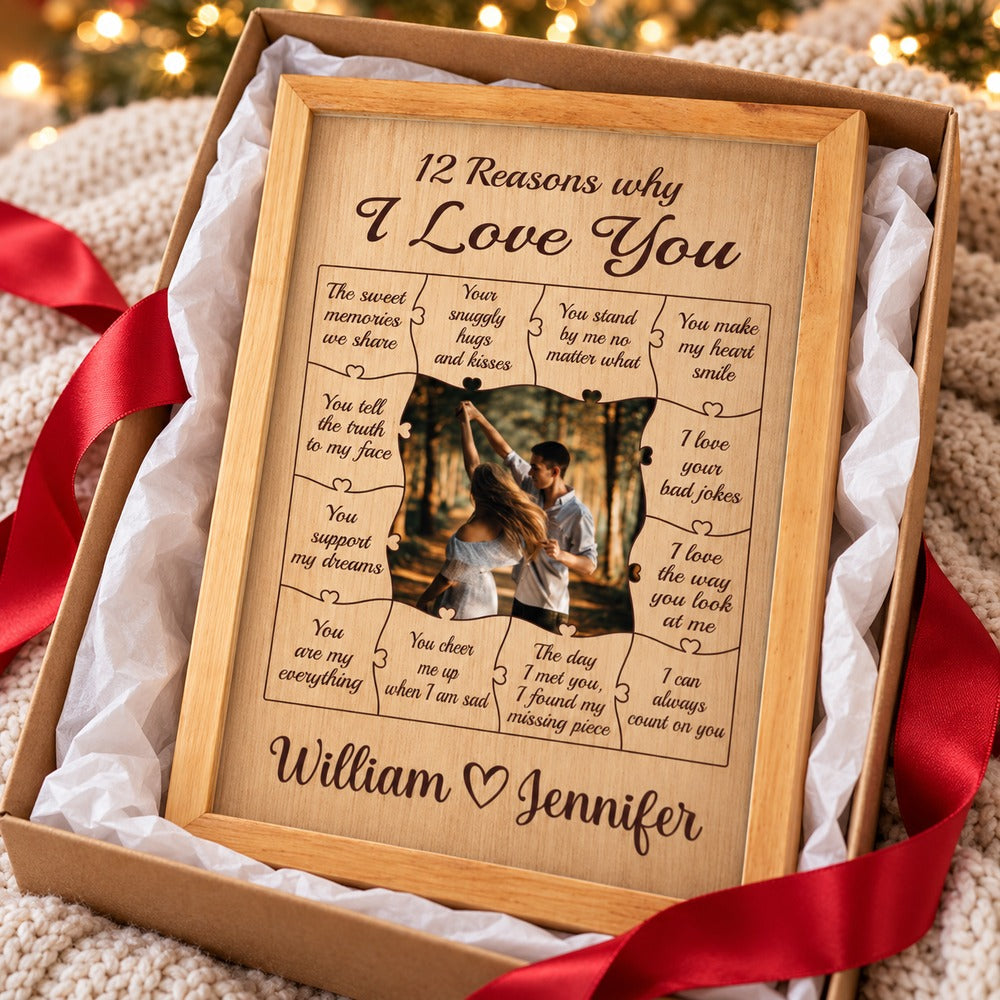 Personalized couple photo canvas print presented in an open gift box with ribbon and tissue paper