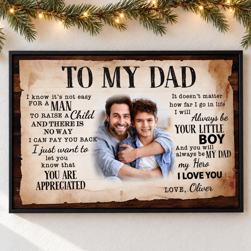 Personalized To My Dad canvas print hanging on wall with holiday garland