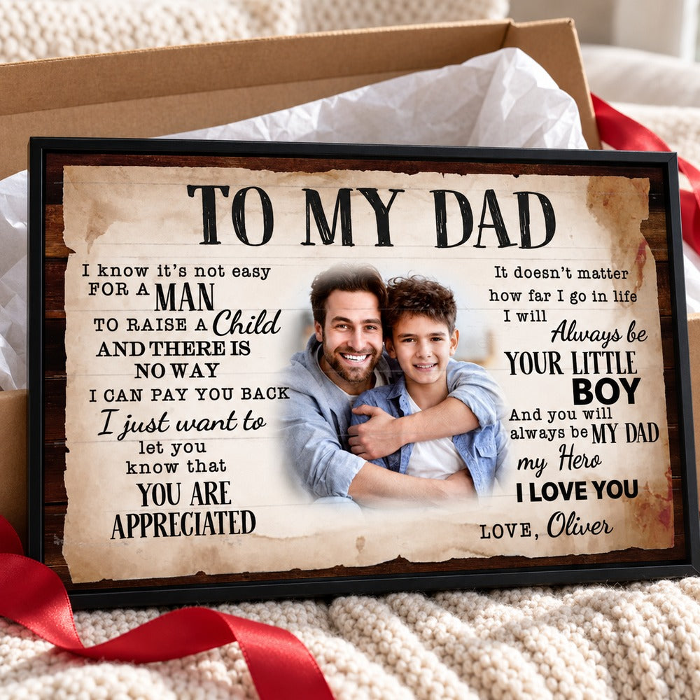 Custom photo To My Dad canvas print next to gift box and ribbon