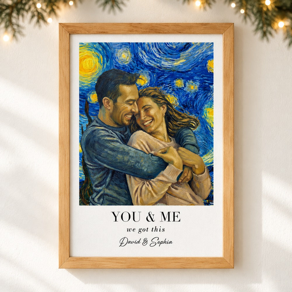 Custom Photo Van Gogh Wall Art You & Me canvas print hanging on wall with holiday garland
