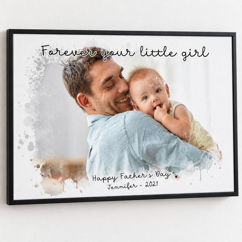 Close-up detail of canvas texture, watercolor splash edge, and custom text on dad portrait print