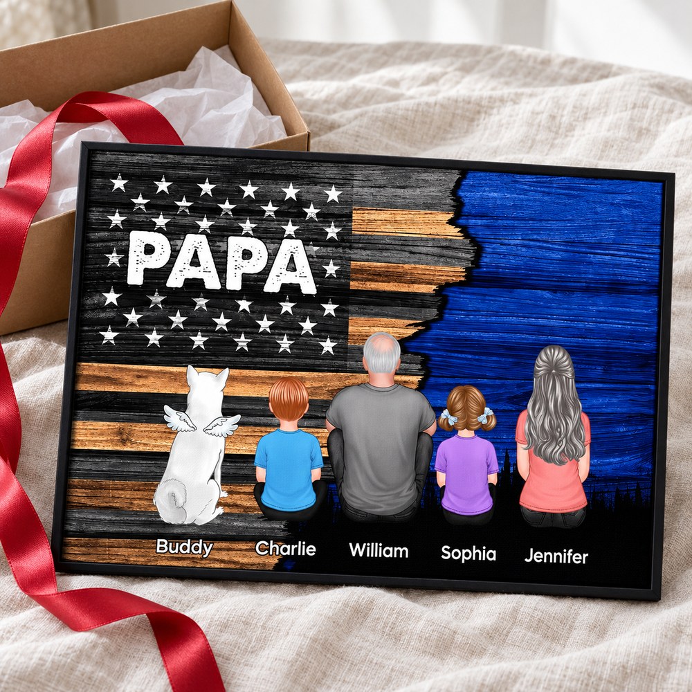 Personalized Papa and kids canvas print next to a ribboned holiday gift box