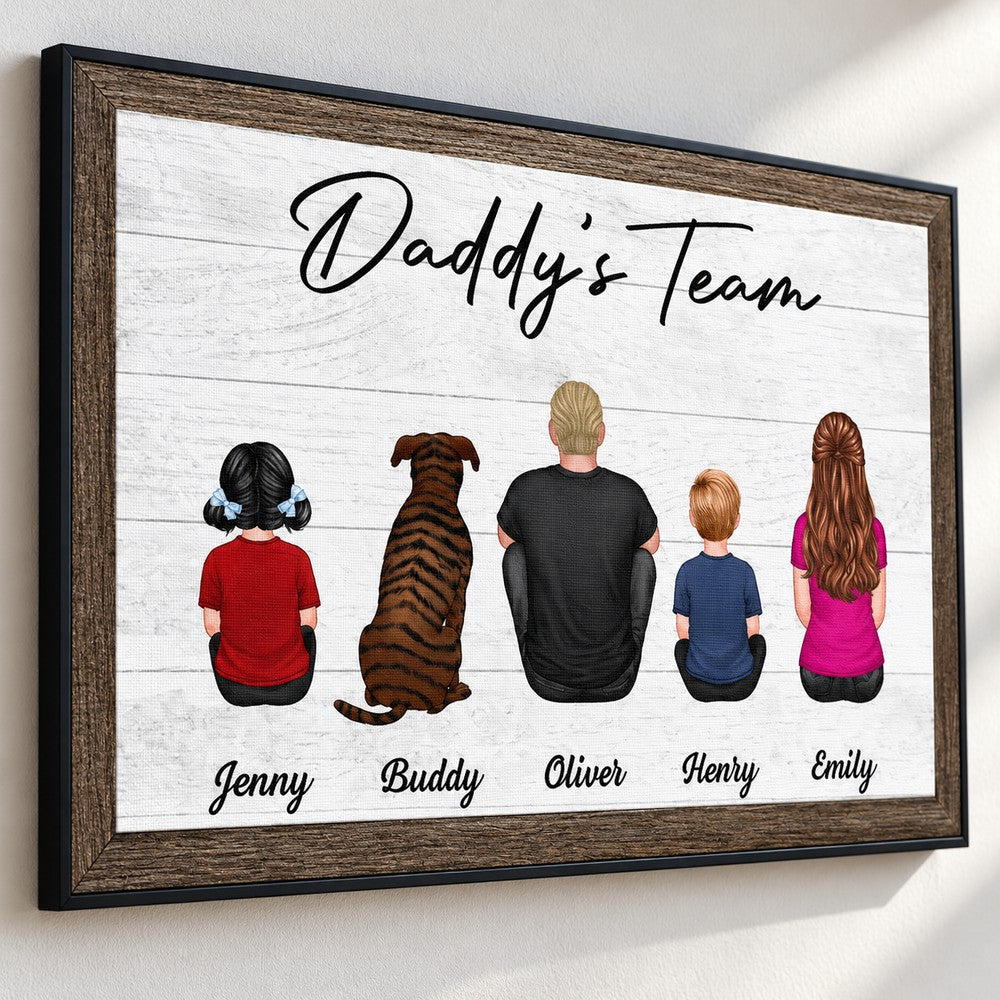 Close-up detail of canvas texture, printed family names, and rustic wood-grain border on Daddy's Team print