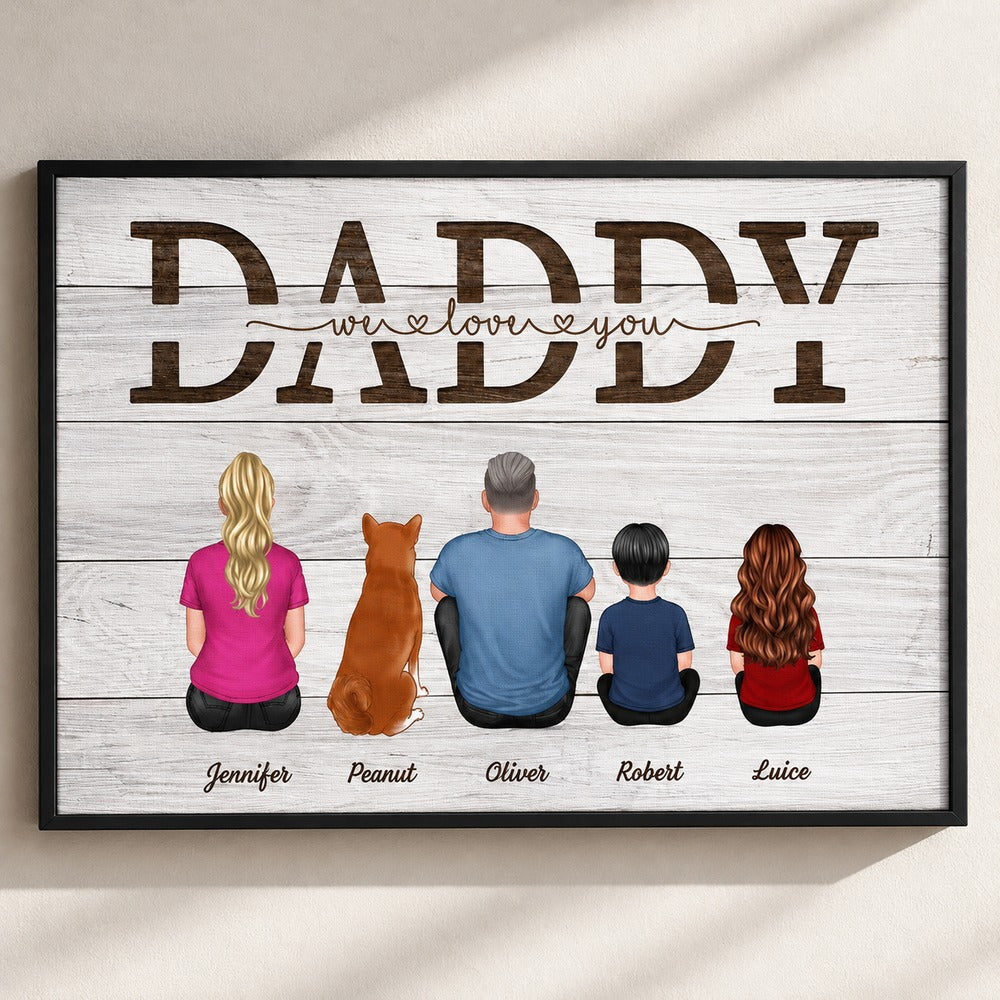 Close-up detail of canvas texture and personalized family print on Daddy wall art