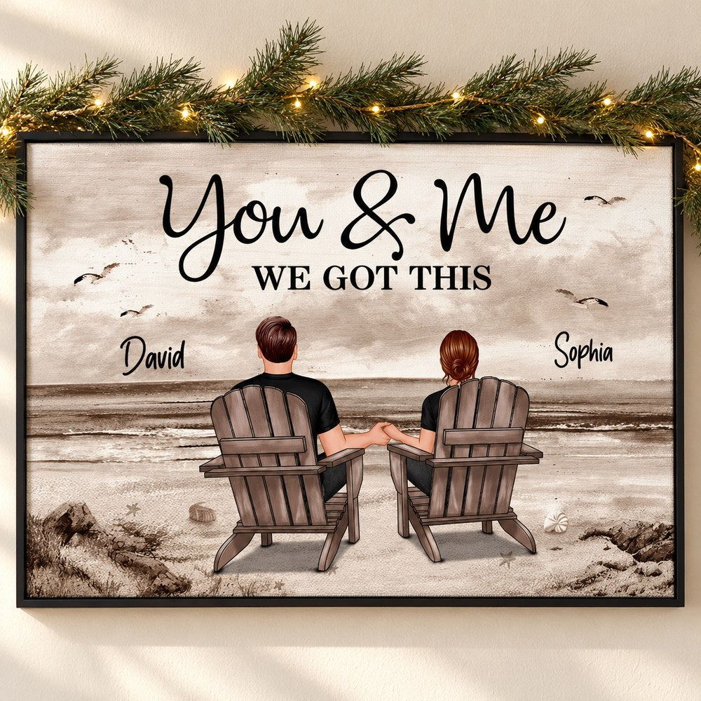 Personalized couple beach canvas wall art hanging on wall with holiday garland and lights