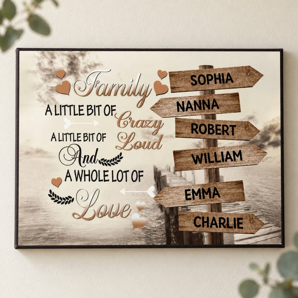 Personalized family name signpost wall art displayed on a bright wall