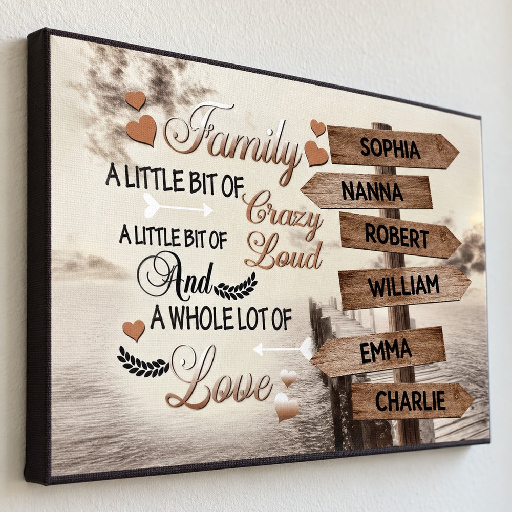 Macro view of the family quote and heart details on textured canvas