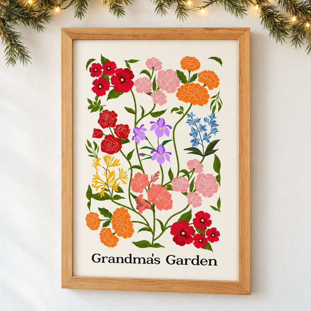Personalized Grandma's Garden birth flower framed canvas on wall with holiday garland