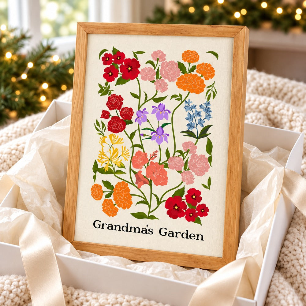 Custom family birth flower bouquet framed canvas next to a holiday gift box