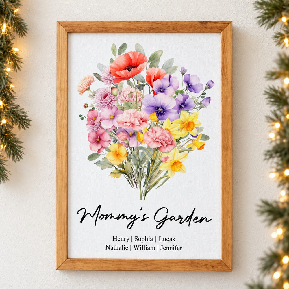 Family Birth Flower Bouquet framed canvas print hanging on a wall with soft holiday greenery