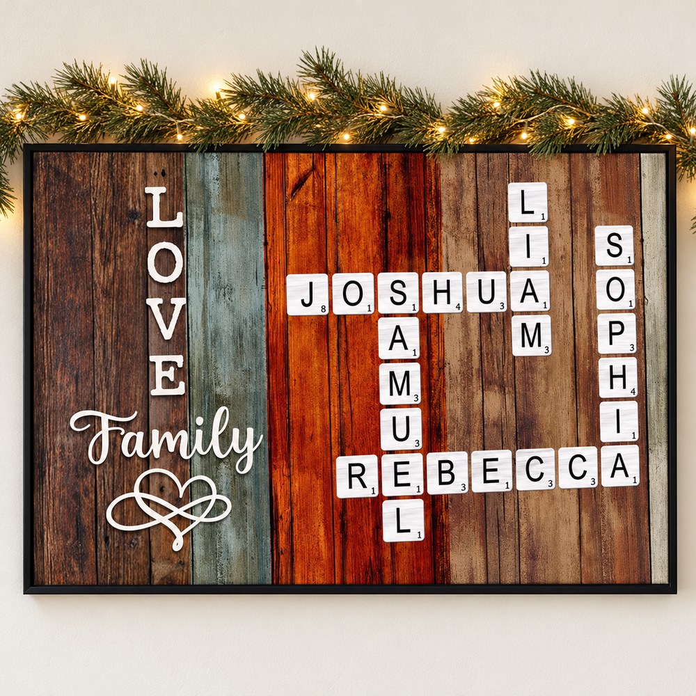 Personalized family crossword canvas wall art hanging on wall with holiday pine garland