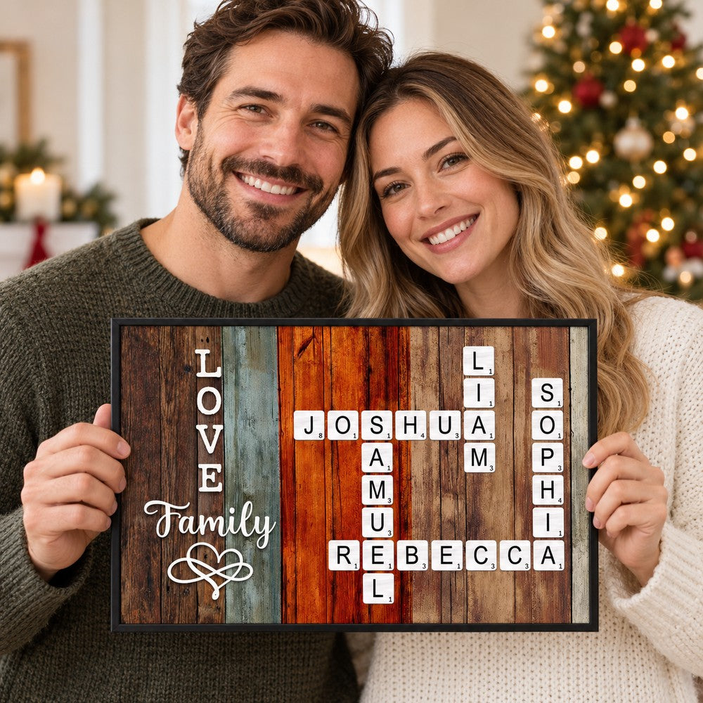 Mom and Dad holding personalized family crossword canvas gift in holiday living room