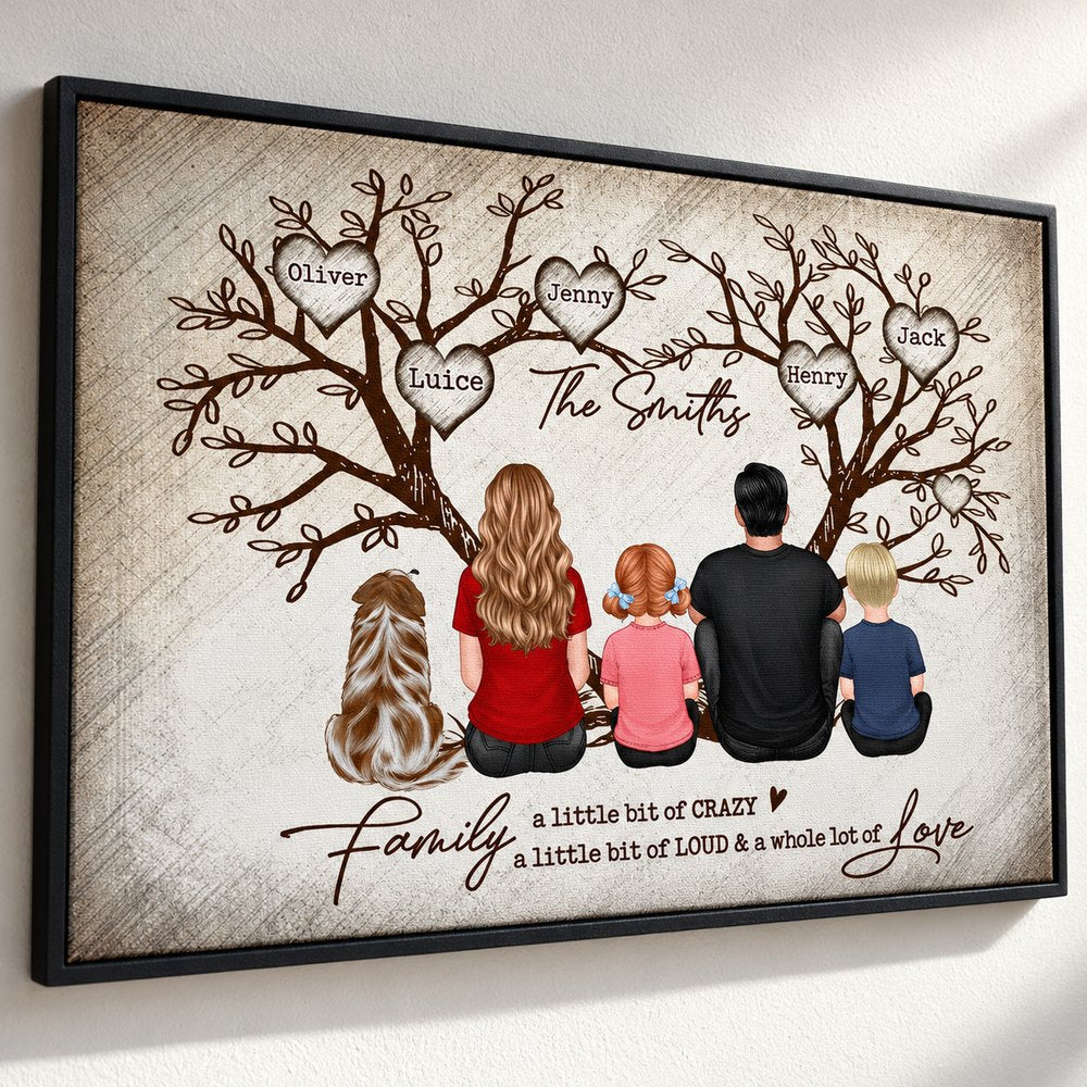 Close-up detail of canvas weave and printed family figures on personalized Family Heart Tree wall art