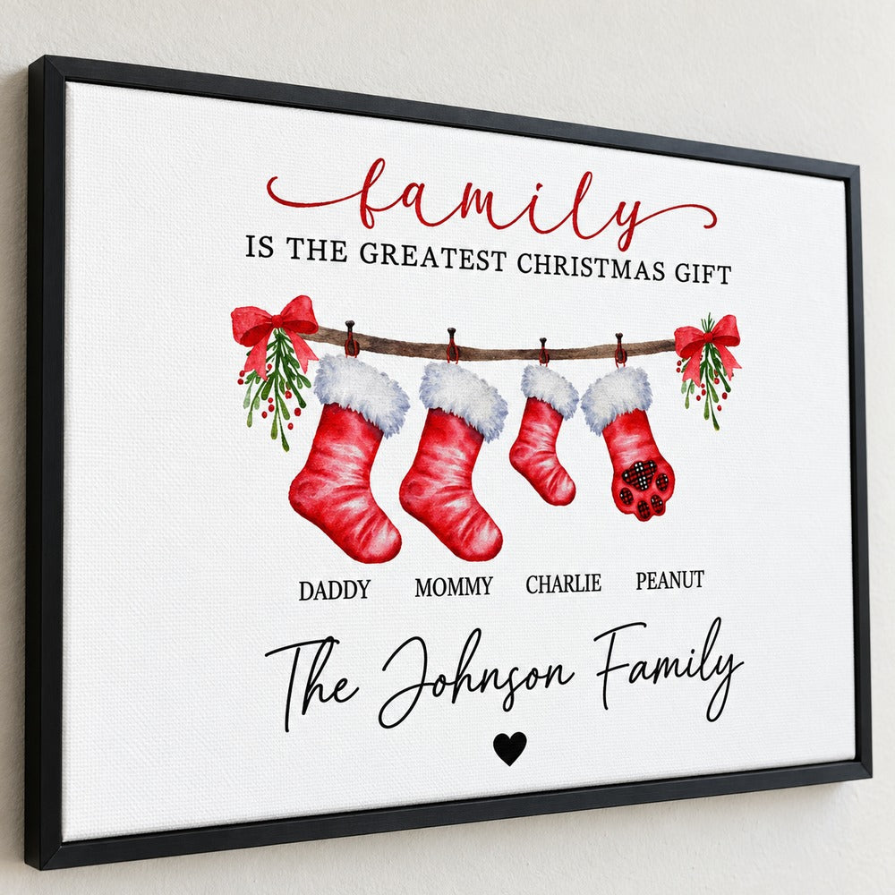 Close up detail of personalized Christmas stockings canvas texture and print quality