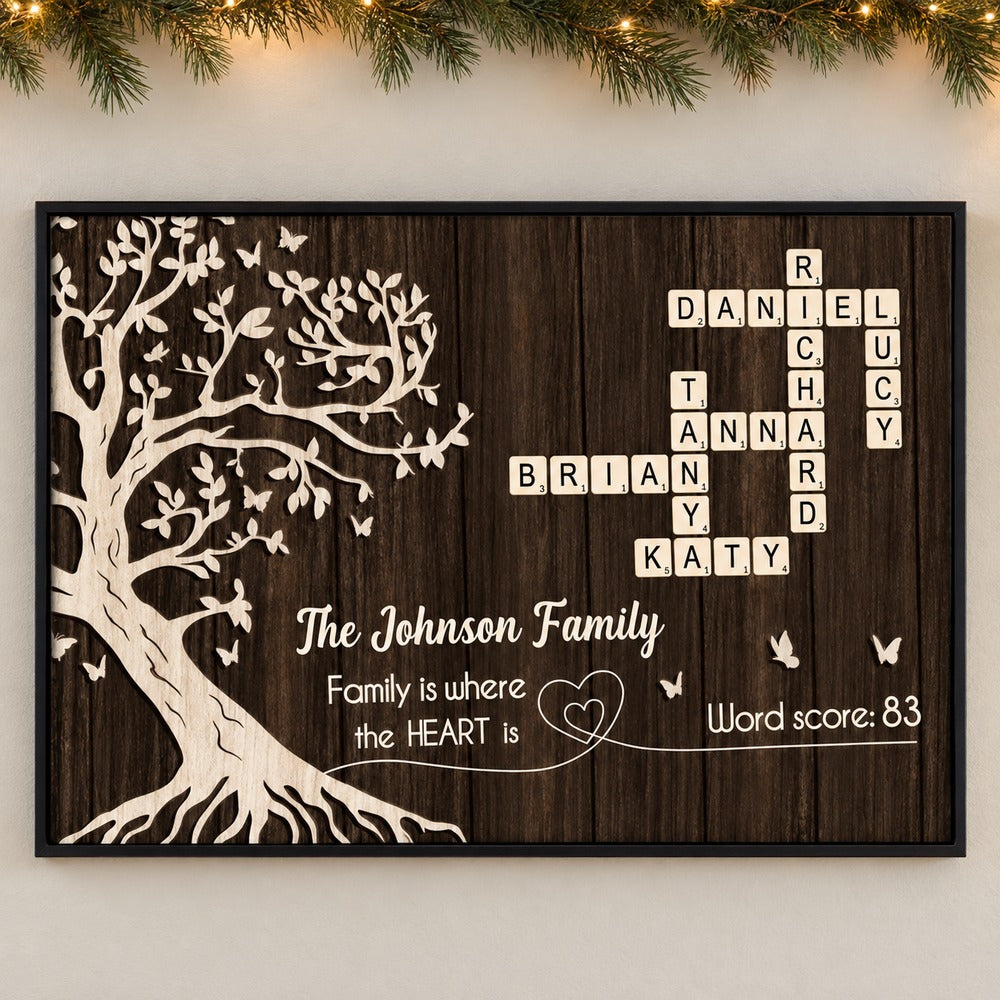 Personalized Family Crossword Tree of Life canvas print on wall with holiday garland and fairy lights