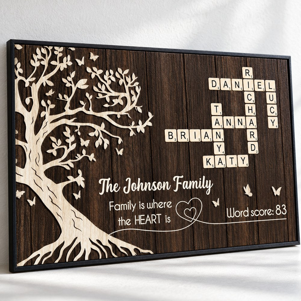 Close-up detail of canvas texture and crossword name tiles on the Tree of Life family print