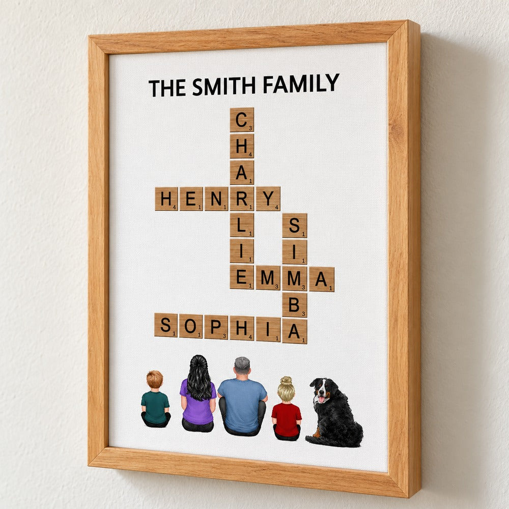 Close up detail of personalized family crossword canvas print texture and wood frame