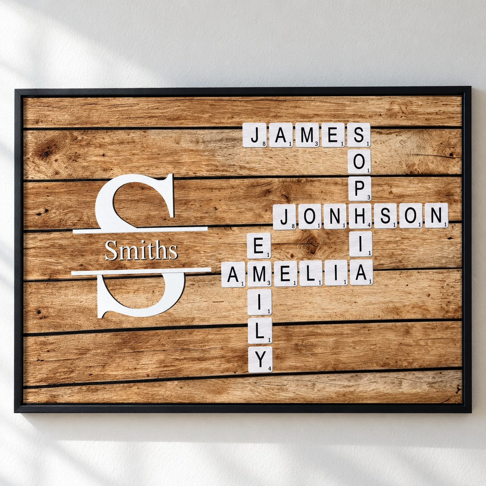 Close up detail of the canvas texture and crossword letter tiles print